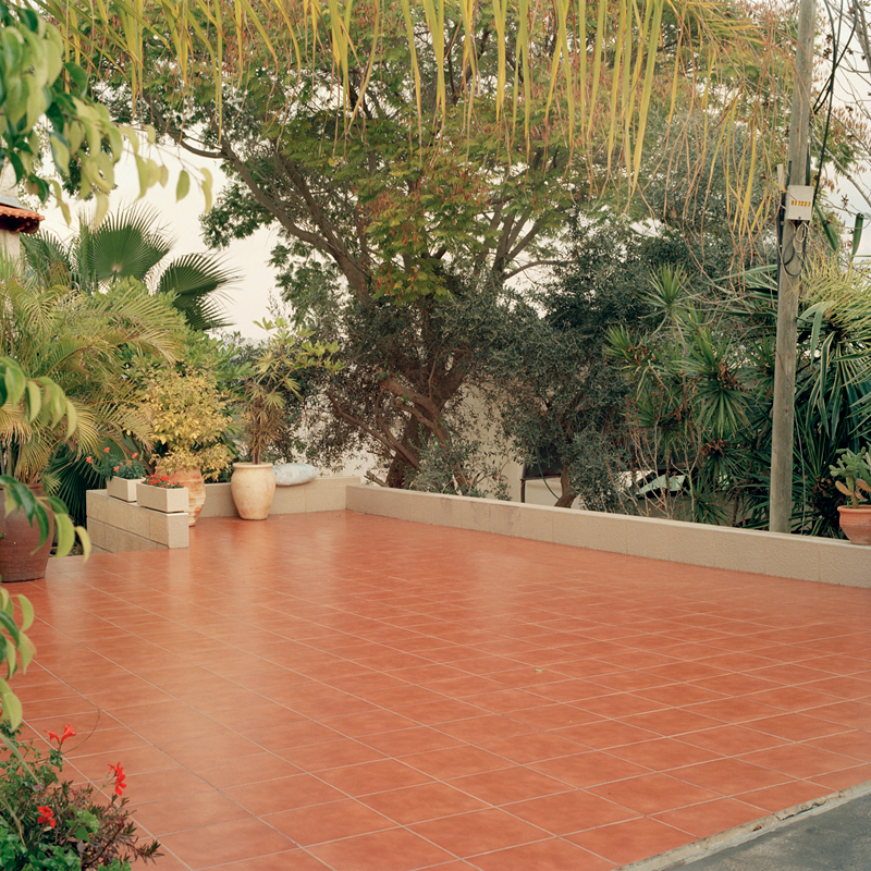 brick colored ceramic-floor driveway surrounded by greenery