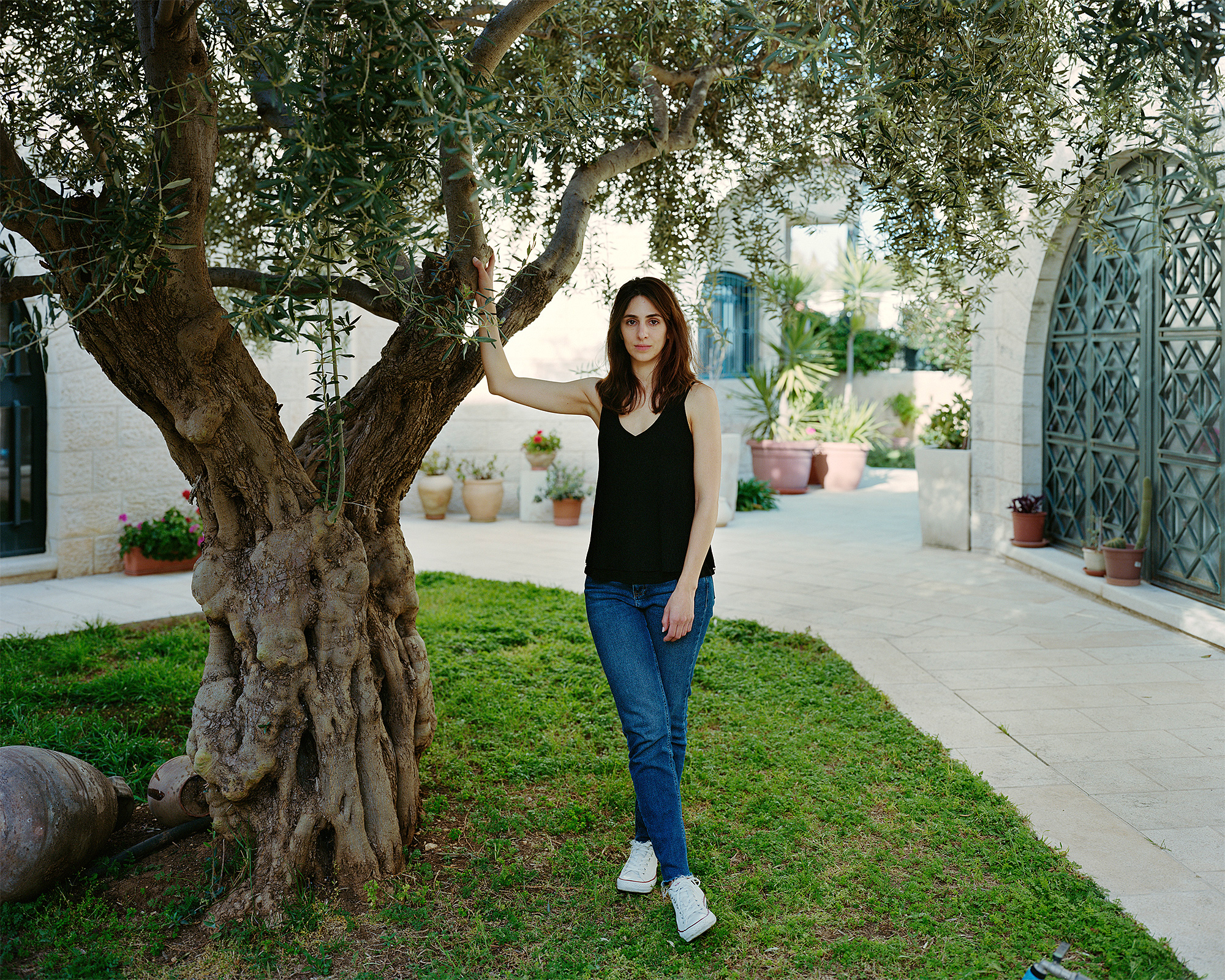 Young woman stands next to an ancient olive tree in a courtyard